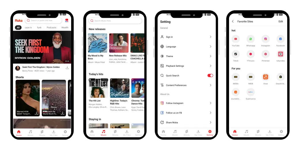 Muka App screens showing video discovery, settings, quick picks, and supported websites