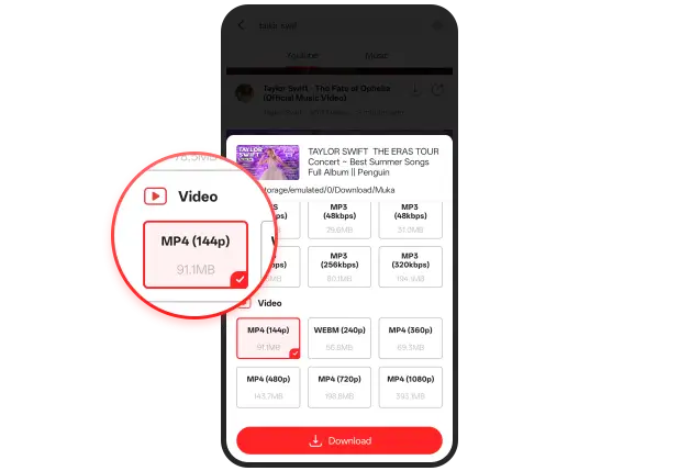 Muka App video and audio download quality selection screen