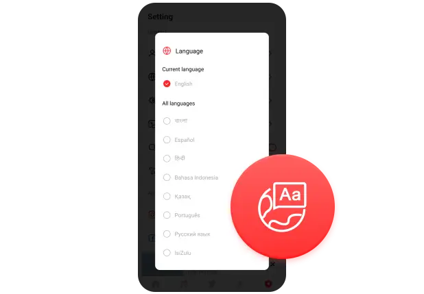 Muka App language selection menu