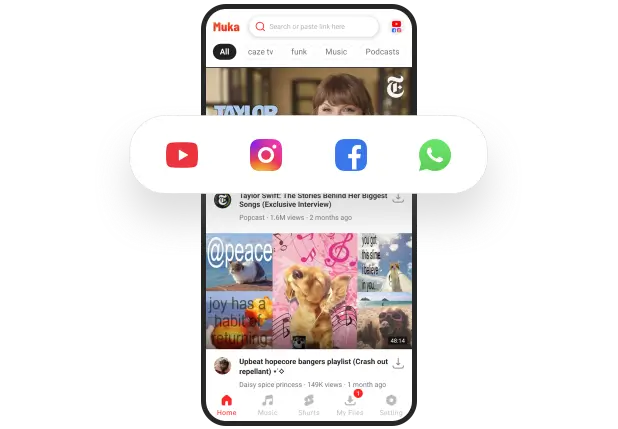 Muka App supported websites including YouTube, WhatsApp, Instagram, Facebook, and TikTok