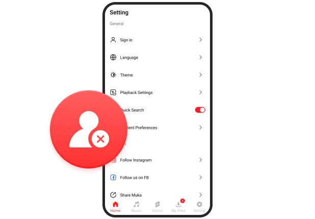 Muka App settings screen showing account-free access